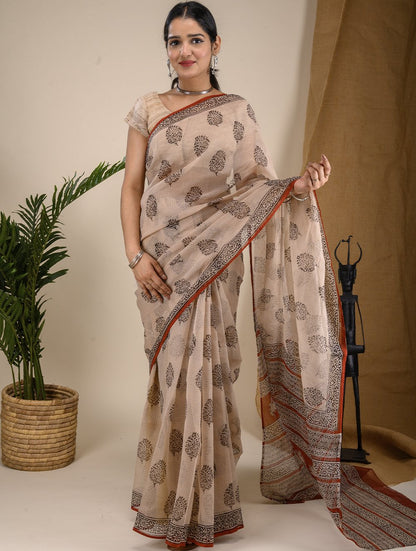 Bagru Block Printed Kota Doria Saree - Beige & Black Floral