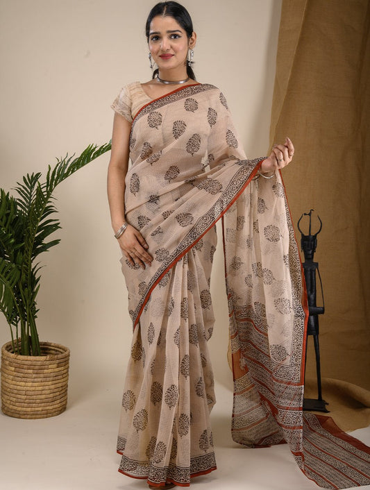 Bagru Block Printed Kota Doria Saree - Beige & Black Floral