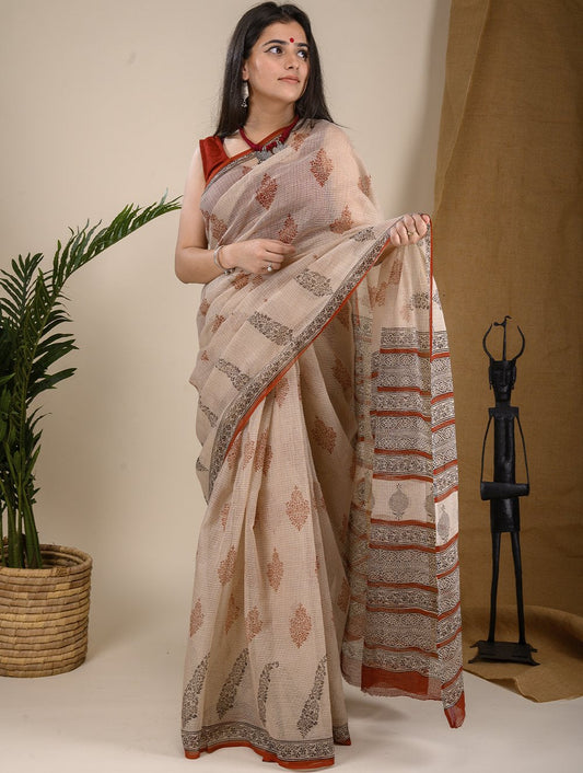 Bagru Block Printed Kota Doria Saree - Beige & Black Ornate