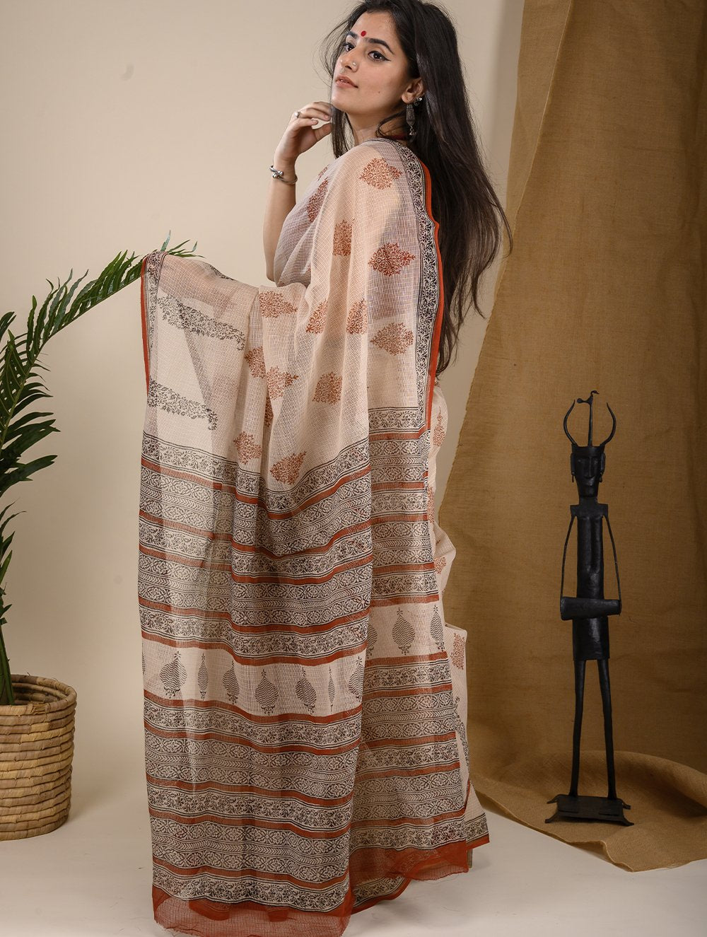 Bagru Block Printed Kota Doria Saree - Beige & Black Ornate