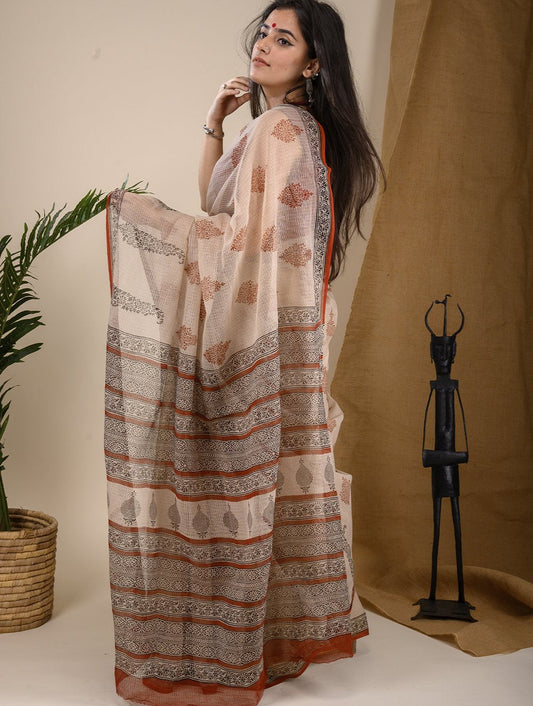 Bagru Block Printed Kota Doria Saree - Beige & Black Ornate
