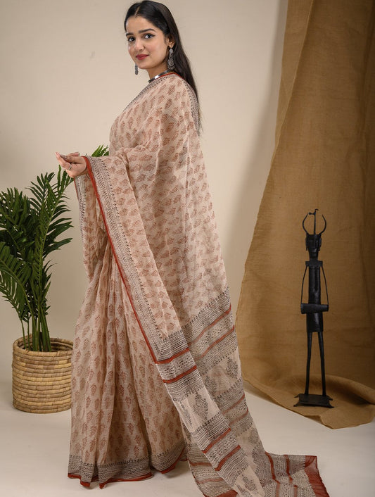 Bagru Block Printed Kota Doria Saree - Beige & Red Leaf Motf