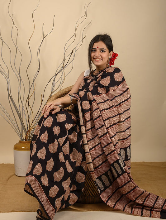 Bagru Block Printed Kota Doria Saree - Black Printed