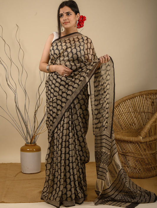 Bagru Block Printed Kota Doria Saree - Black & Beige Paisleys