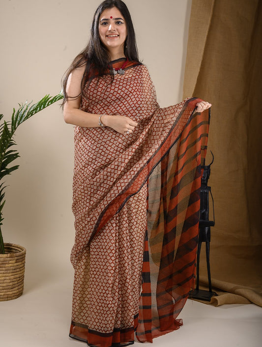 Bagru Block Printed Kota Doria Saree - Brick Red & Black