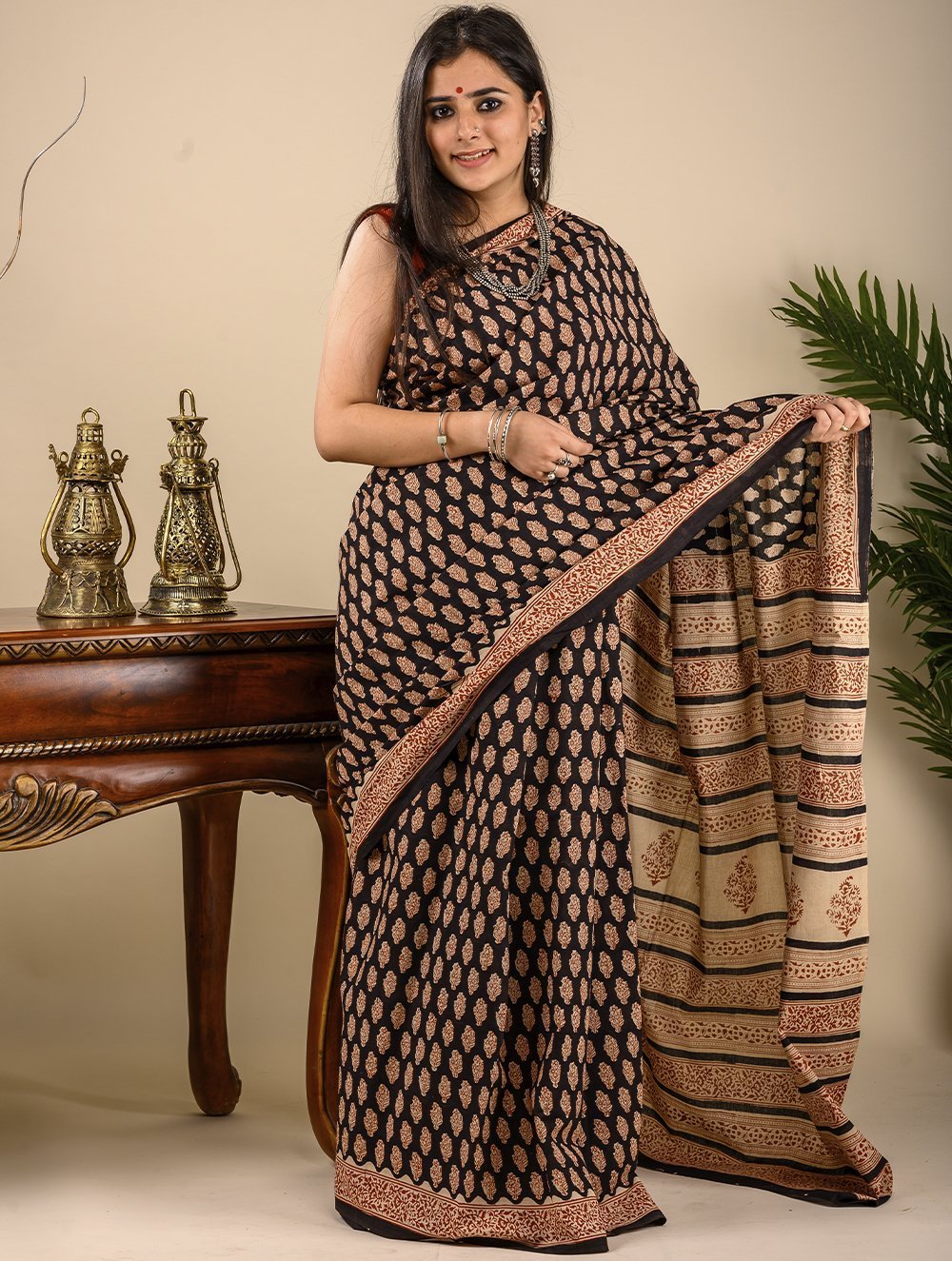 Light & Summery. Soft Bagru Block Printed Mulmul Cotton (With Blouse Piece) - Black & Red