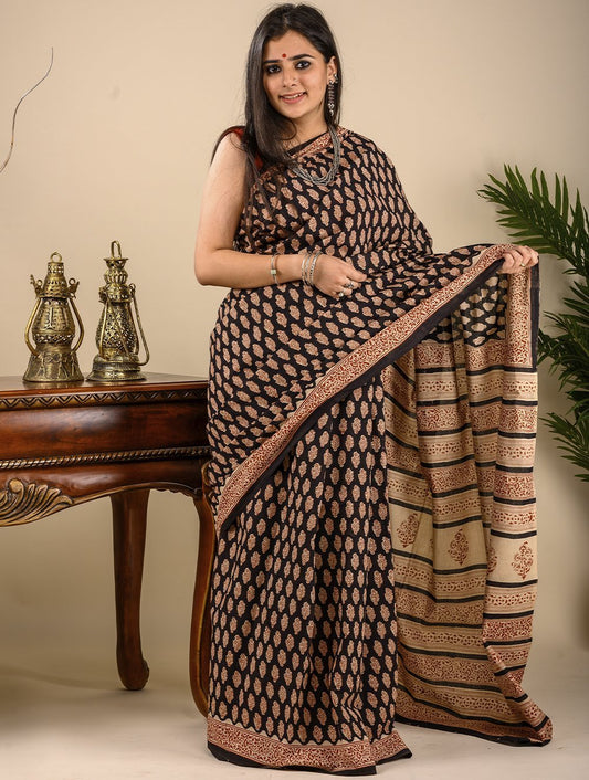 Light & Summery. Soft Bagru Block Printed Mulmul Cotton (With Blouse Piece) - Black & Red