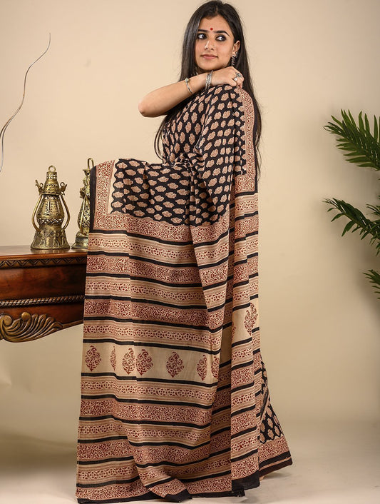 Light & Summery. Soft Bagru Block Printed Mulmul Cotton (With Blouse Piece) - Black & Red