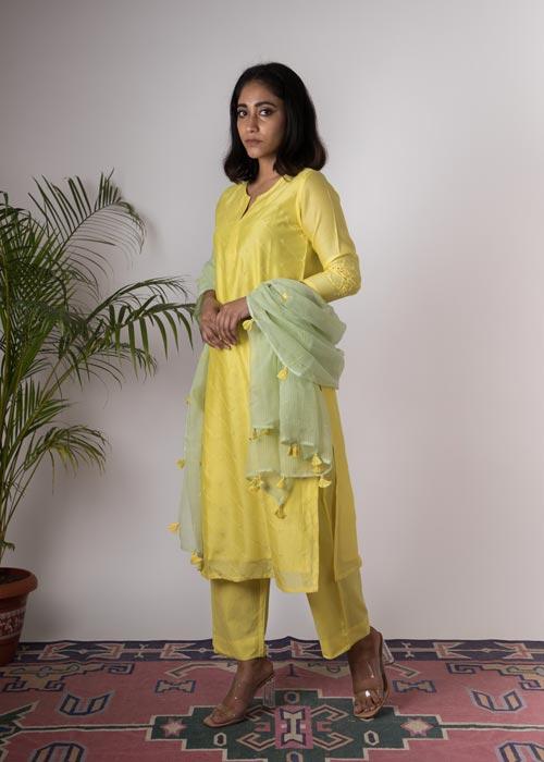 Lily' Hand Embroidered lemon green Chanderi kurta. 2pc set (kurta and dupatta)