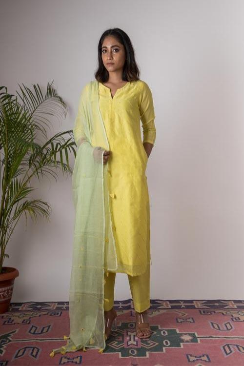 Lily' Hand Embroidered lemon green Chanderi kurta. 2pc set (kurta and dupatta)