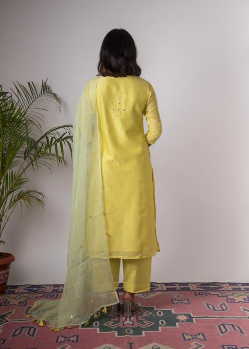 Lily' Hand Embroidered lemon green Chanderi kurta. 2pc set (kurta and dupatta)