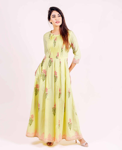 Lime Hand Block Printed Floor Length Dress