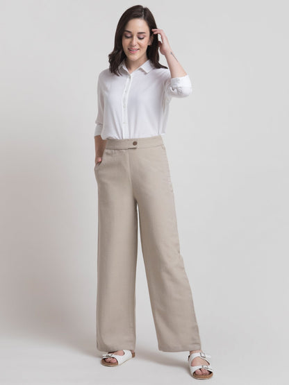 Linen Elasticated Wide Leg Pants - Beige