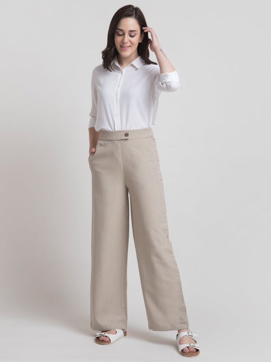 Linen Elasticated Wide Leg Pants - Beige
