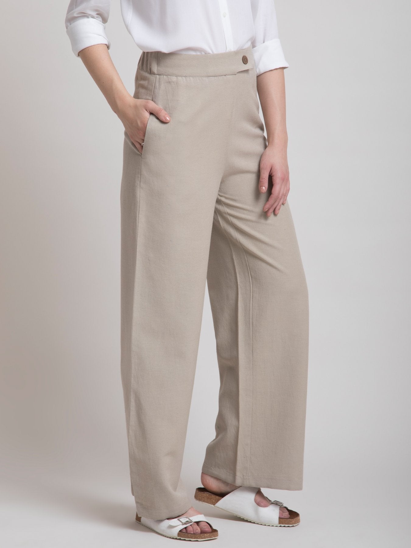 Linen Elasticated Wide Leg Pants - Beige