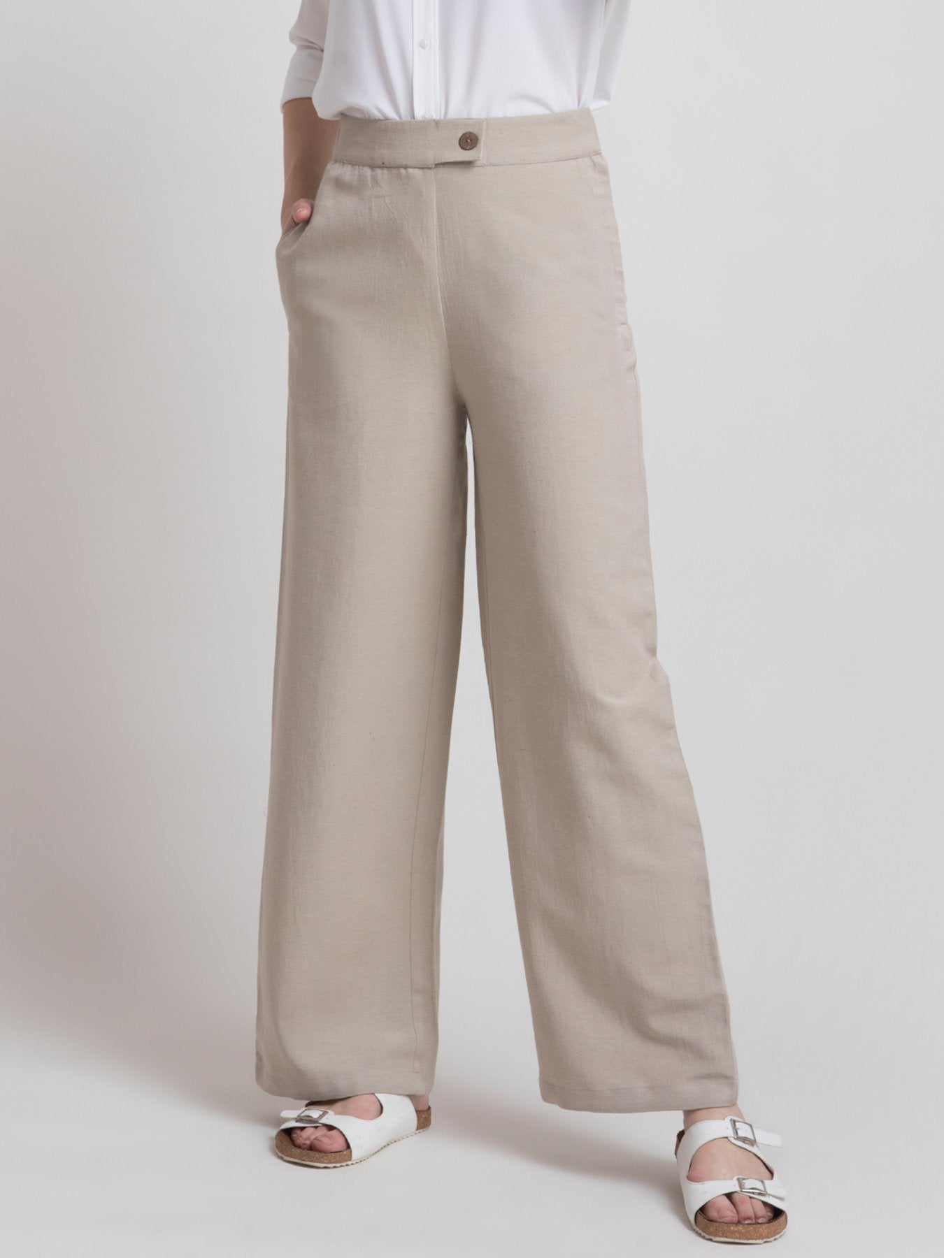 Linen Elasticated Wide Leg Pants - Beige