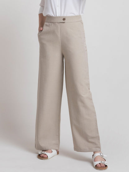 Linen Elasticated Wide Leg Pants - Beige