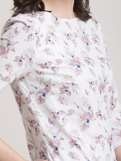 Linen Boat Neck Floral Dress - Pink and White