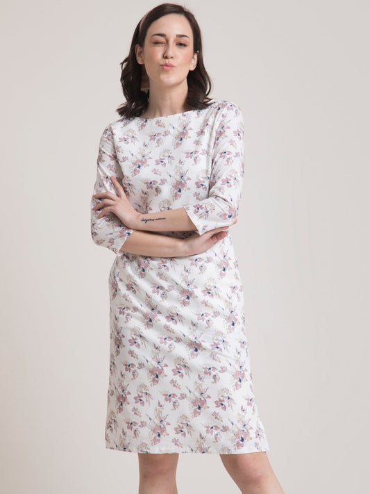 Linen Boat Neck Floral Dress - Pink and White