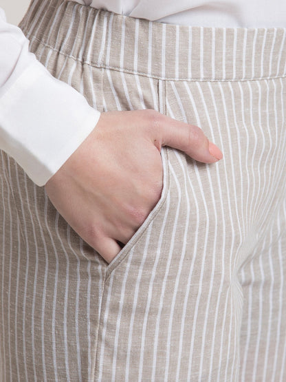 Linen Elasticated Straight Fit Pants - Beige