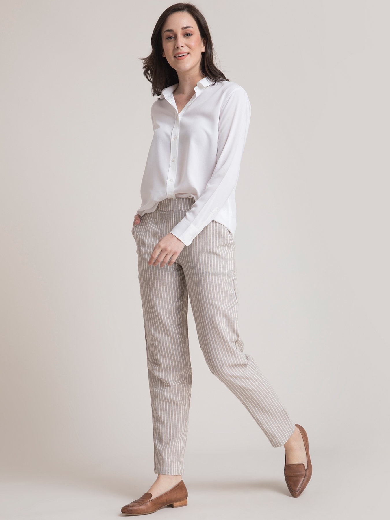 Linen Elasticated Straight Fit Pants - Beige