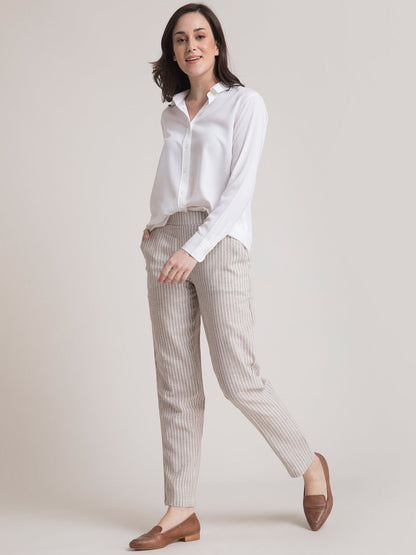 Linen Elasticated Straight Fit Pants - Beige