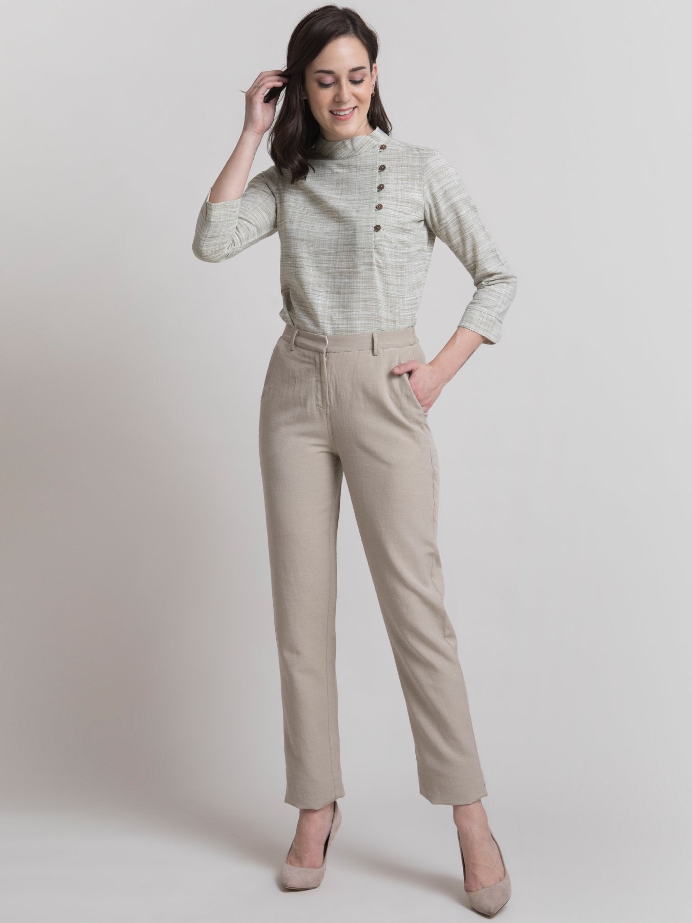 Linen Elasticated Straight Fit Pants - Beige
