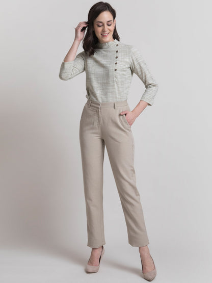 Linen Elasticated Straight Fit Pants - Beige