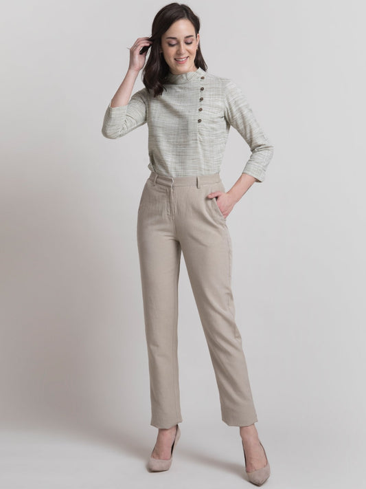Linen Elasticated Straight Fit Pants - Beige