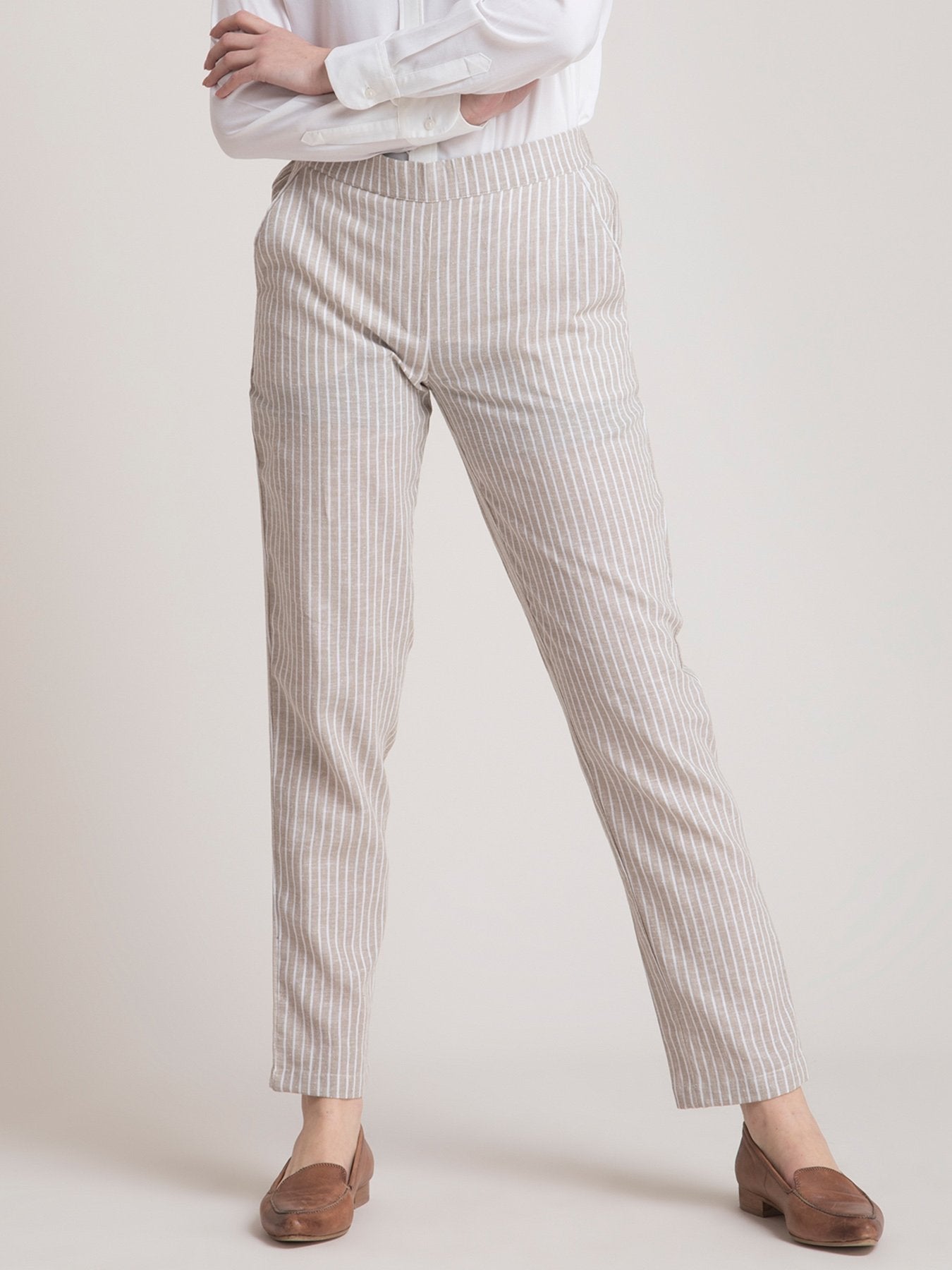 Linen Elasticated Straight Fit Pants - Beige