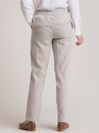 Linen Elasticated Straight Fit Pants - Beige