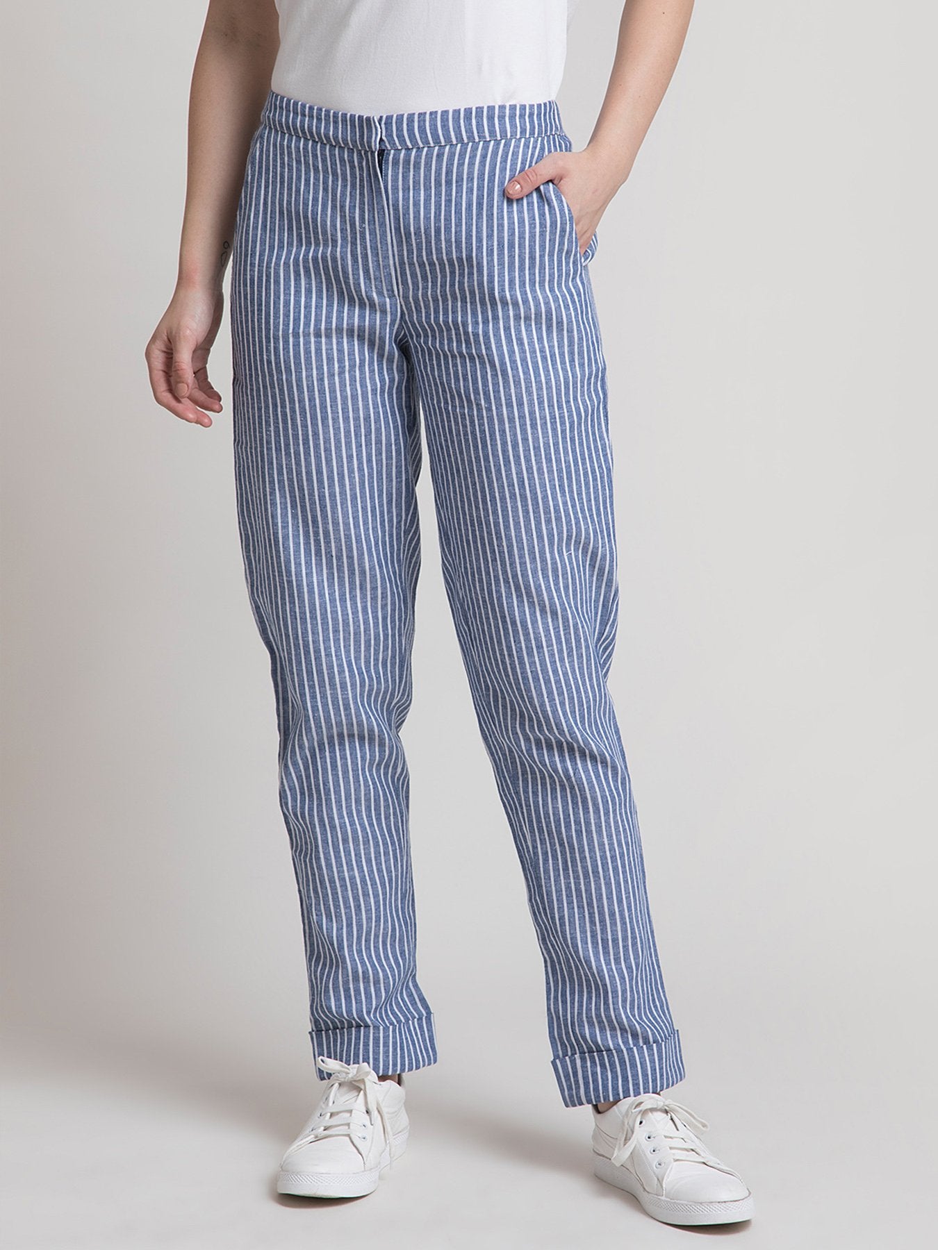 Linen Elasticated Straight Fit Pants - Blue and White