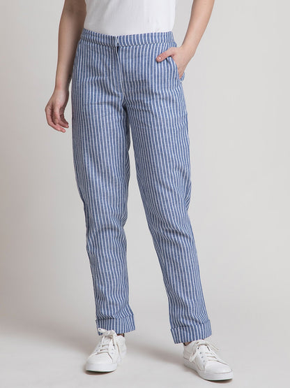 Linen Elasticated Straight Fit Pants - Blue and White