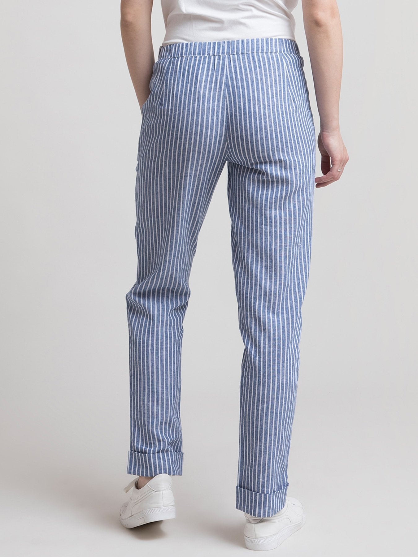 Linen Elasticated Straight Fit Pants - Blue and White
