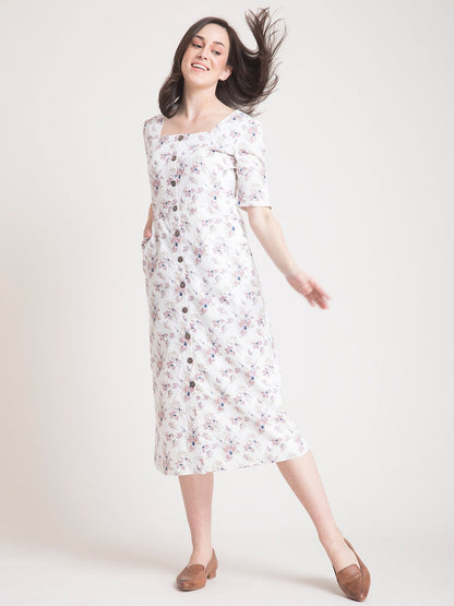 Linen Floral Fit and Flare Dress - Pink and White