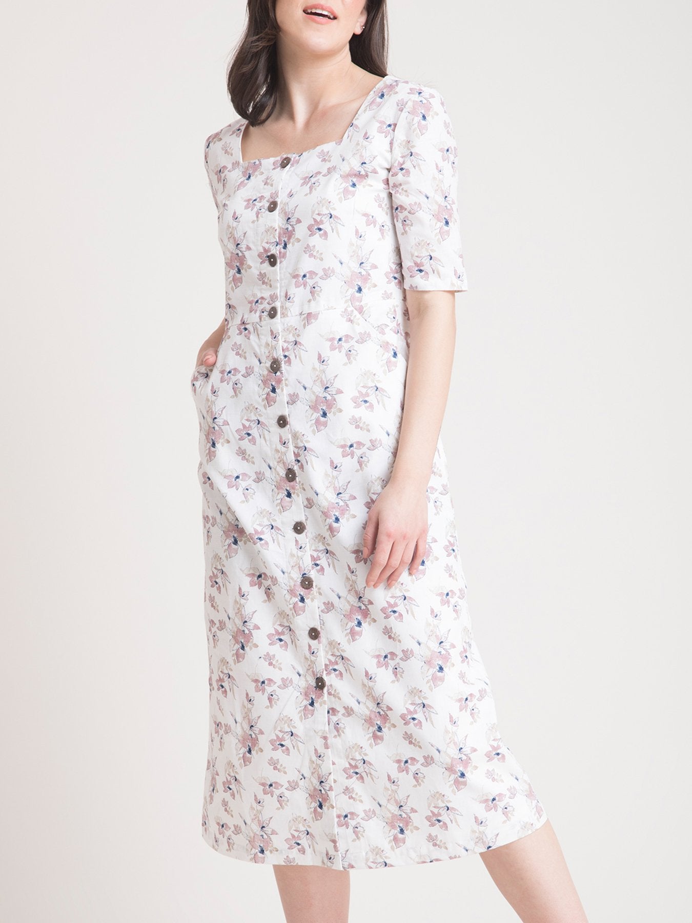 Linen Floral Fit and Flare Dress - Pink and White