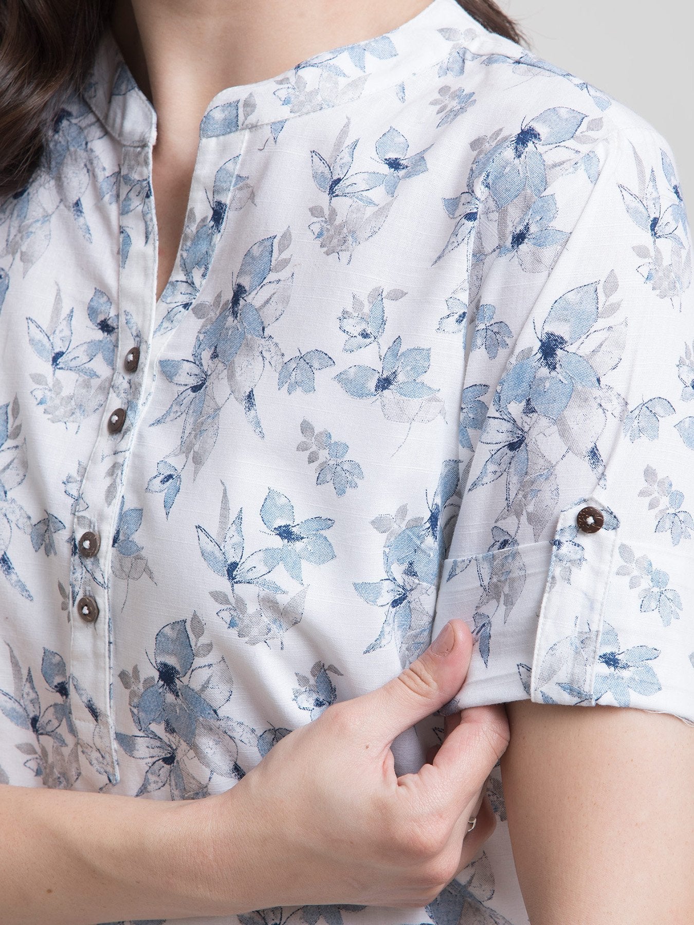 Linen Mandarin Collar Floral A Line Dress - Blue and White