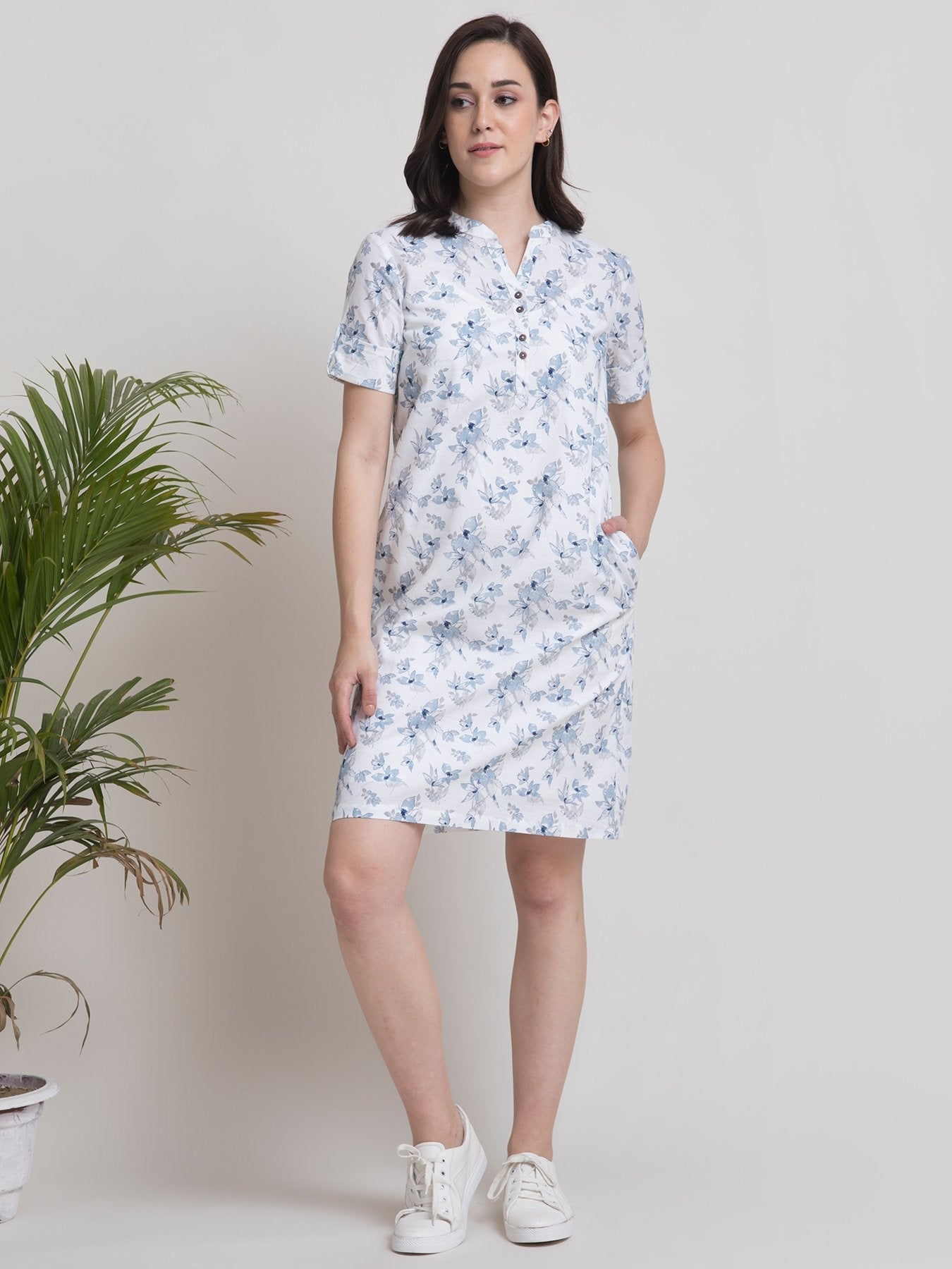 Linen Mandarin Collar Floral A Line Dress - Blue and White