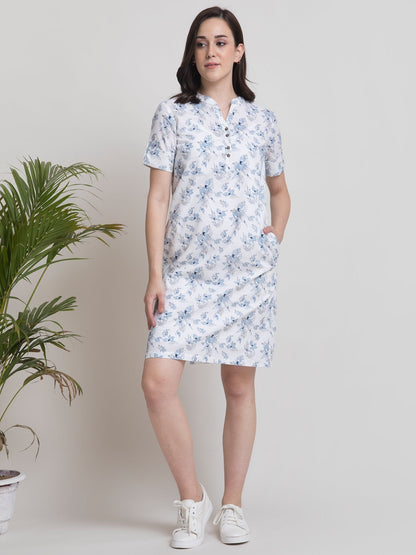 Linen Mandarin Collar Floral A Line Dress - Blue and White