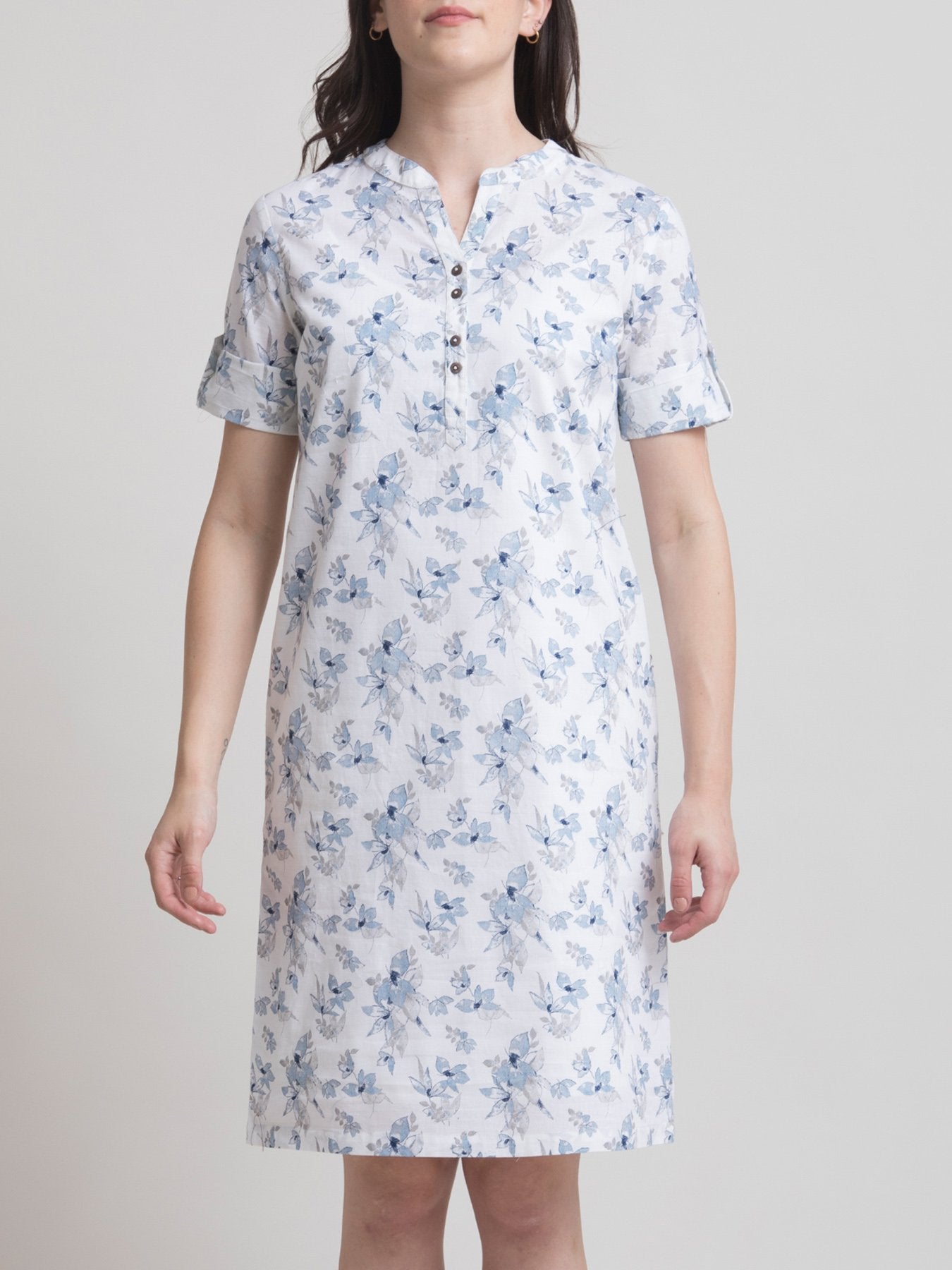 Linen Mandarin Collar Floral A Line Dress - Blue and White