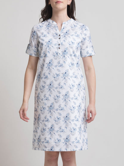 Linen Mandarin Collar Floral A Line Dress - Blue and White