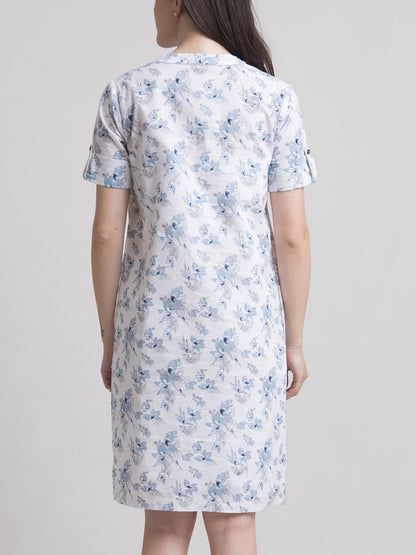 Linen Mandarin Collar Floral A Line Dress - Blue and White