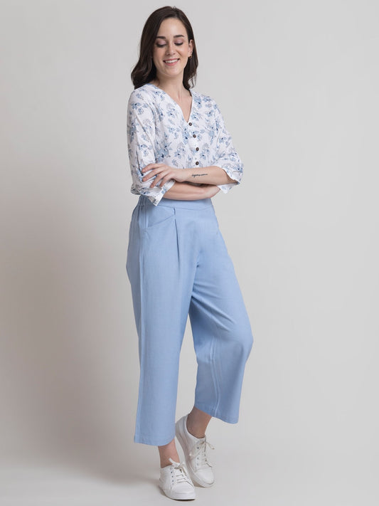 Linen Pleated Elasticated Culottes - Light Blue