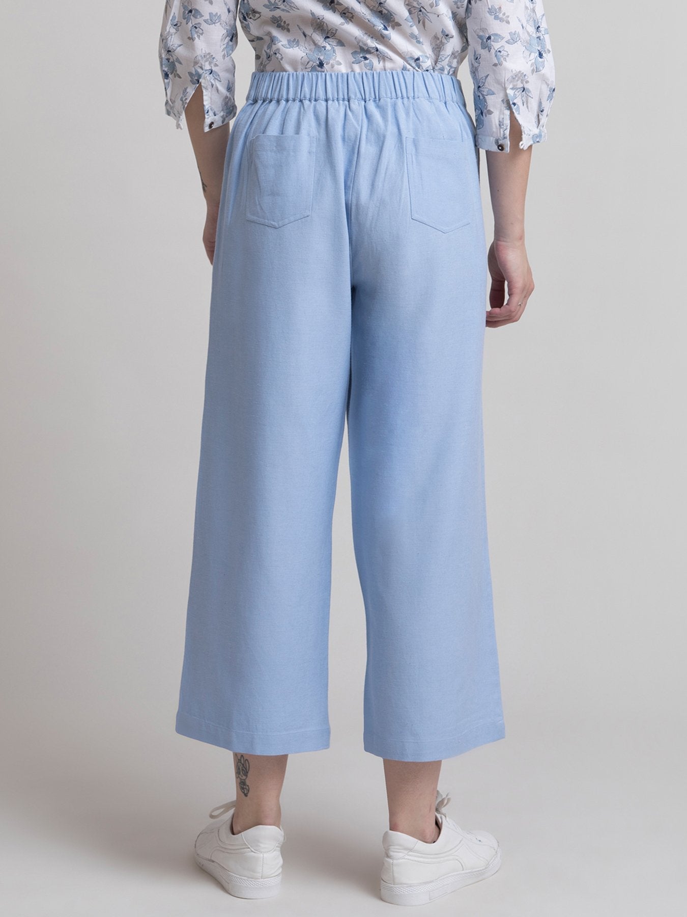 Linen Pleated Elasticated Culottes - Light Blue