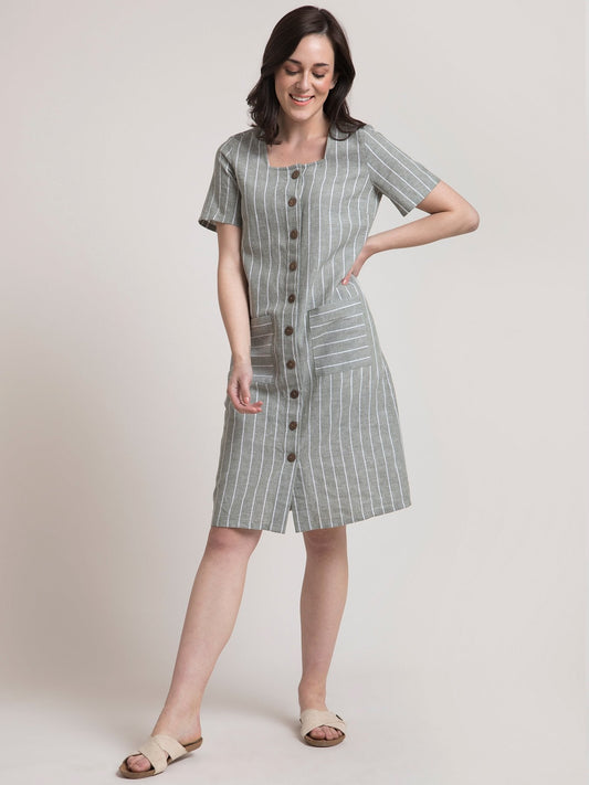 Linen Square Neck Striped Shirt Dress - Green and White