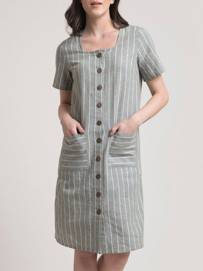 Linen Square Neck Striped Shirt Dress - Green and White