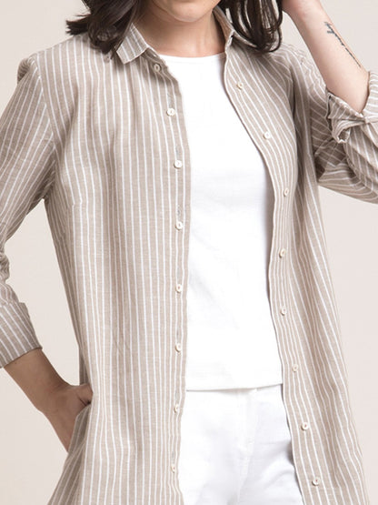Linen Striped Shirt Dress - Beige and White