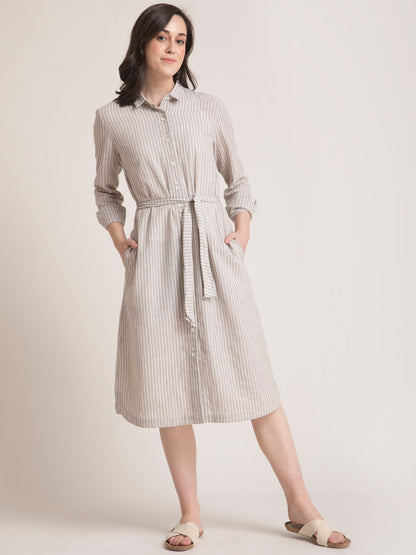Linen Striped Shirt Dress - Beige and White