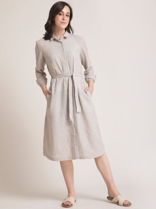 Linen Striped Shirt Dress - Beige and White