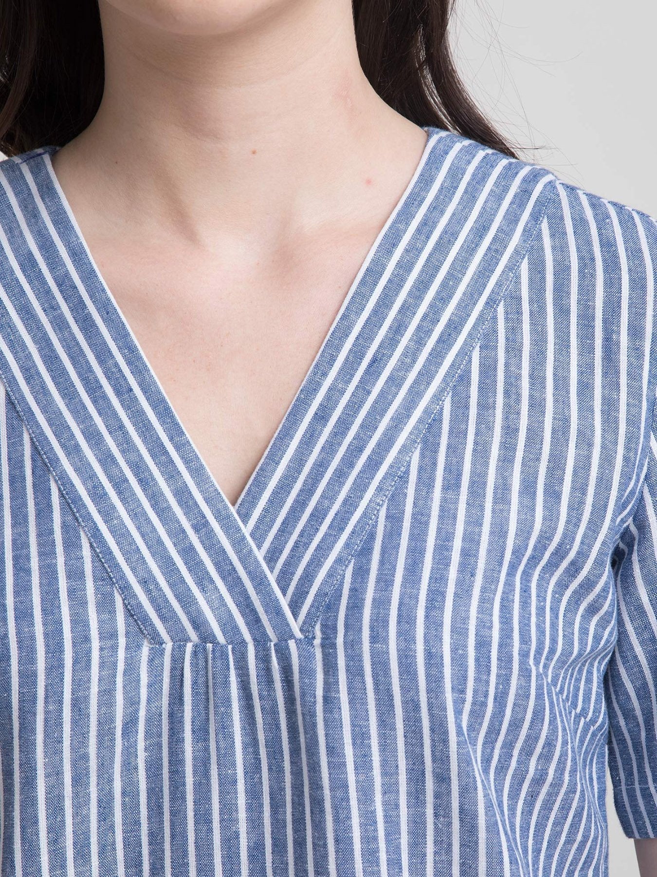Linen Striped V Neck Shift Dress - Blue and White